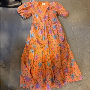 Orange Floral Maxi Dress with Puff Sleeves and V-Neck